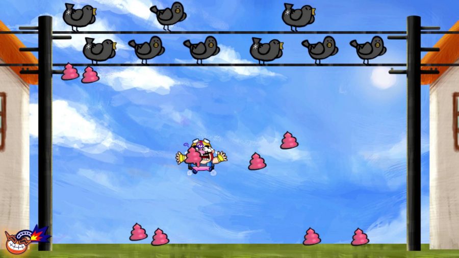Wario appears to have been hit by a bright pink poop, dropped by one of a flock of birds standing on overhanging phone lines