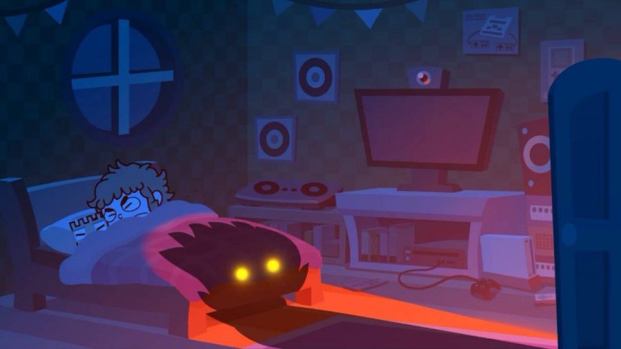 9-Volt from WarioWare hides in bed while his mother peaks through the doorframe menacingly 