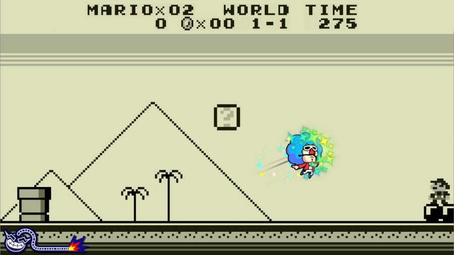 Jimmy from WarioWare shoots upwards in a colourful dash, against the backdrop of Super Mario Land from the GameBoy