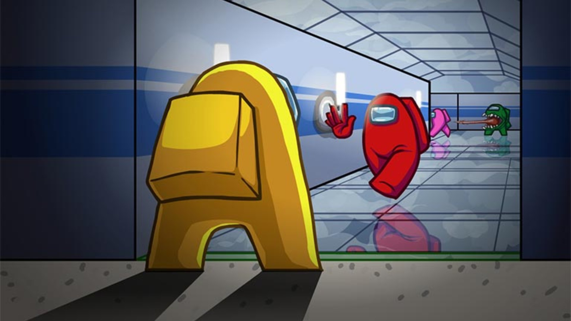Meilleurs jeux mobiles: parmi nous. L'image montre un membre d'équipage rouge s'approchant d'un membre d'équipage jaune dans un tunnel