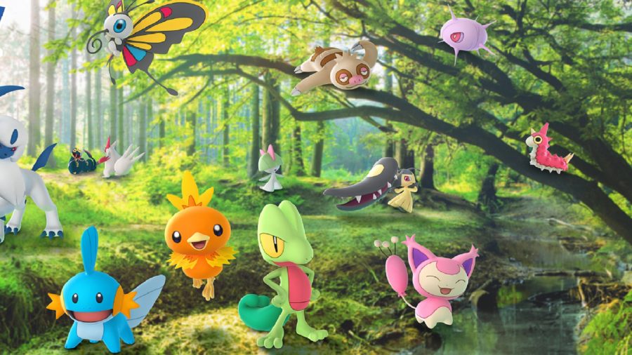 A group of Pokémon standing in a forest