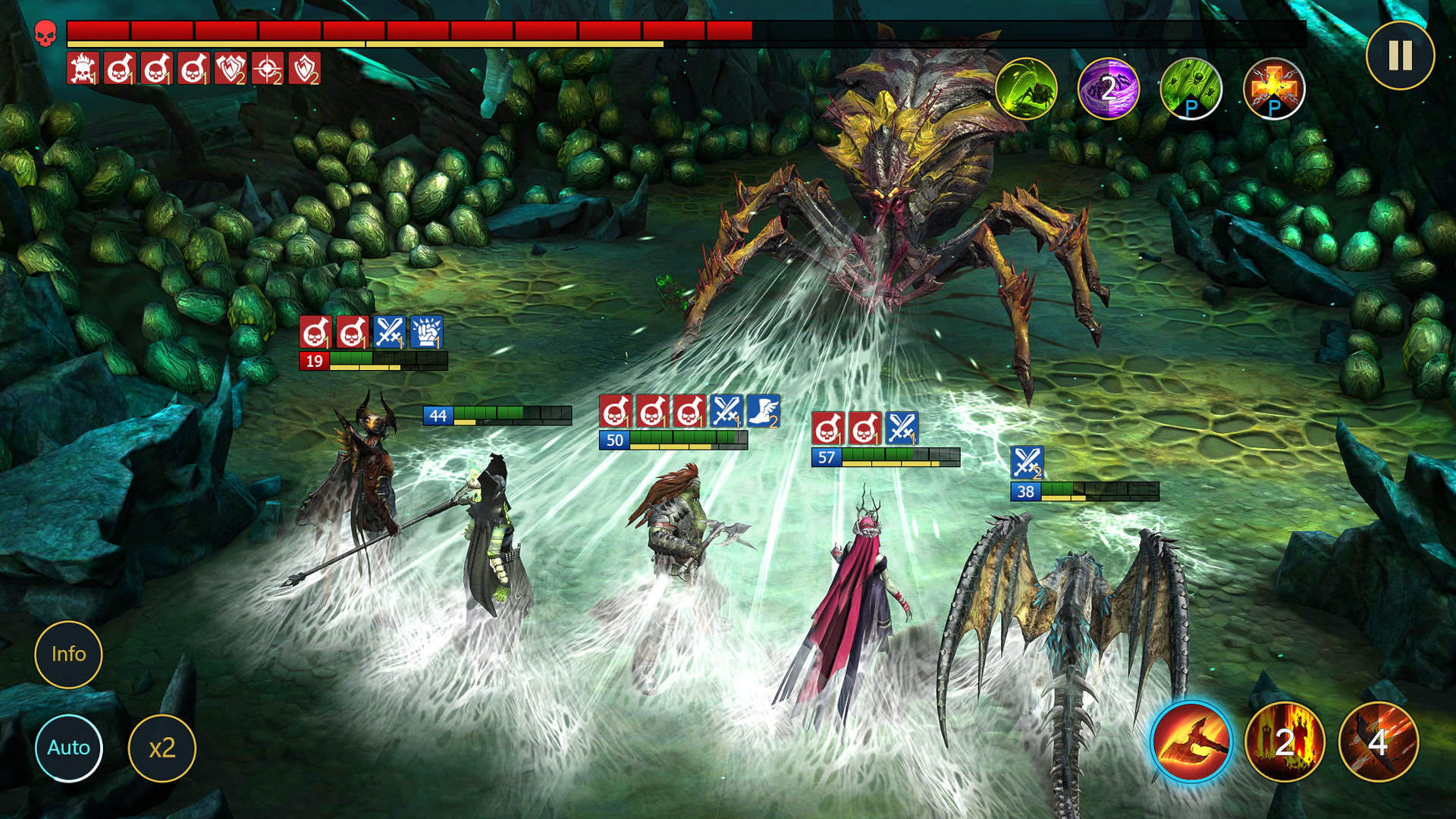 Best mobile games: a party of heroes fighting a gigantic spider in Raid: Shadow Legends