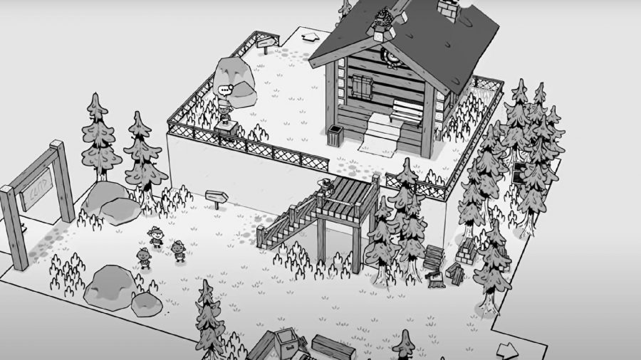 The main character is navigating a hand drawn, black and white little village. A hut is visible as well as several trees in the surrounding area
