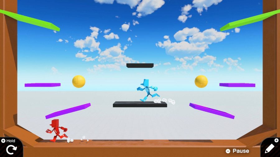 Two avatar robots are navigating a user-made level with various platforms