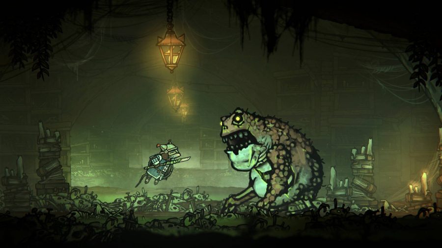 A small rat wearing armour brandishes a sword at an aggressive toad-like creature