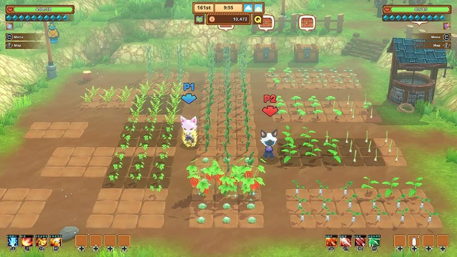 Two players, both controlling cats, are tending to a small farm, with many fruits and vegetables visible