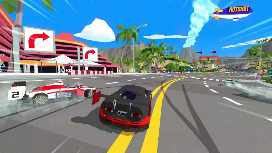 Two cars are racing closely in a polygonal styled world, reminiscent of arcade classics 