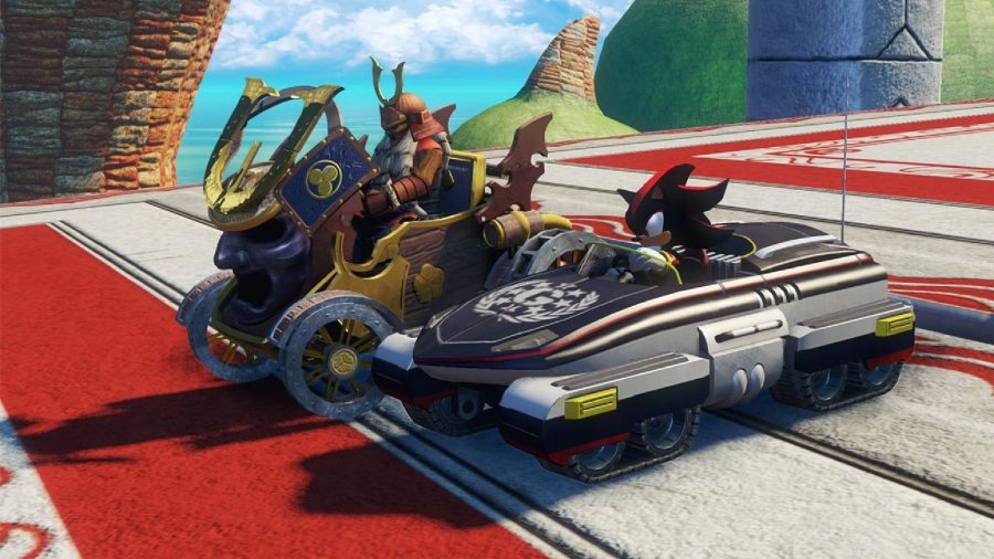 Shadow The Hedgehog races against a Samurai character in a car designed after Samurai armour
