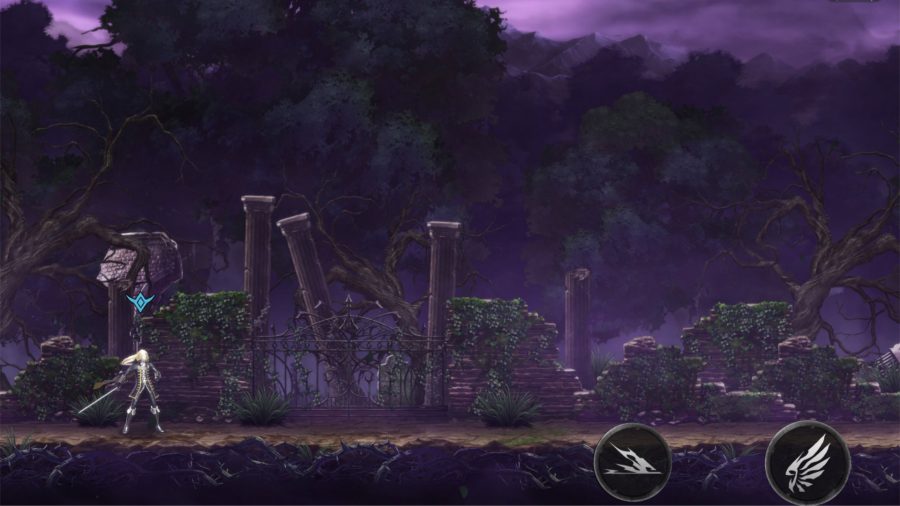 An eerie wooded area with the protagonist on screen