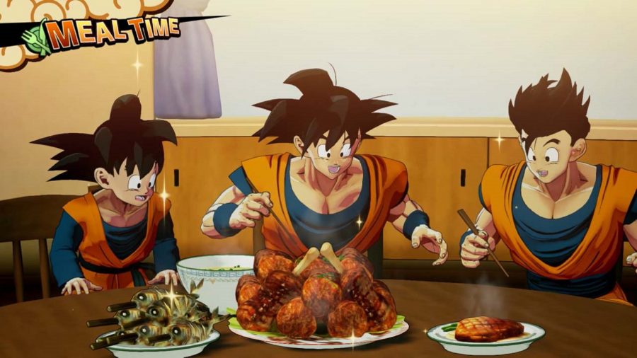 Goten, Goku, and Gohan enjoying a feast