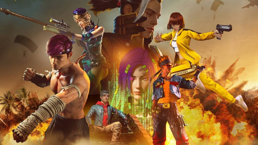 A series of charactera from Garena free fire pose in dynamic positions, holding weapons, and wearing cool clothing items