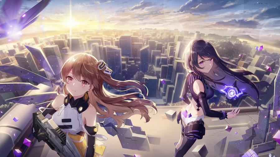 Two Girl Cafe Gun charactes standing above a city