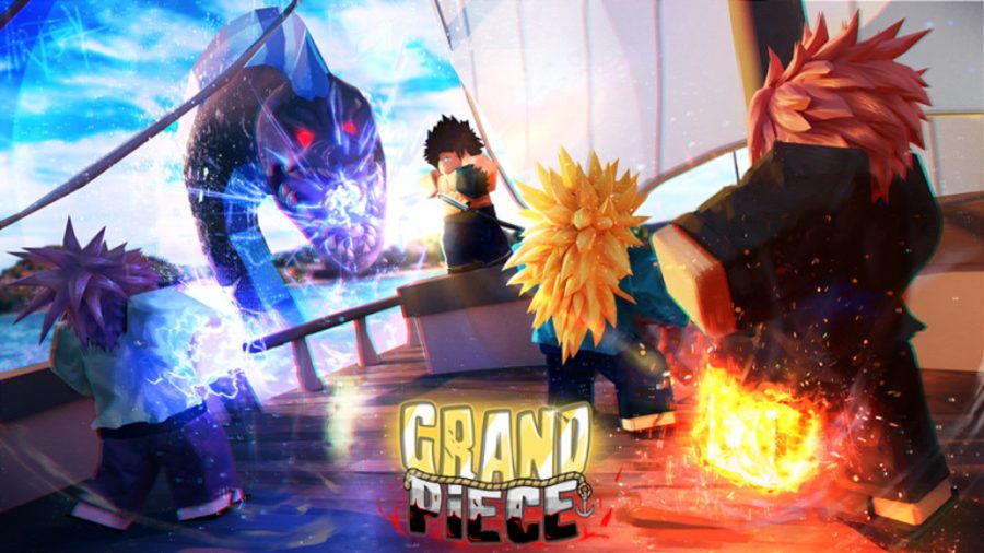 Four Grand Piece Online characters fighting a massive sea serpent, who we can help you defeat with our Grand Piece Online codes. 