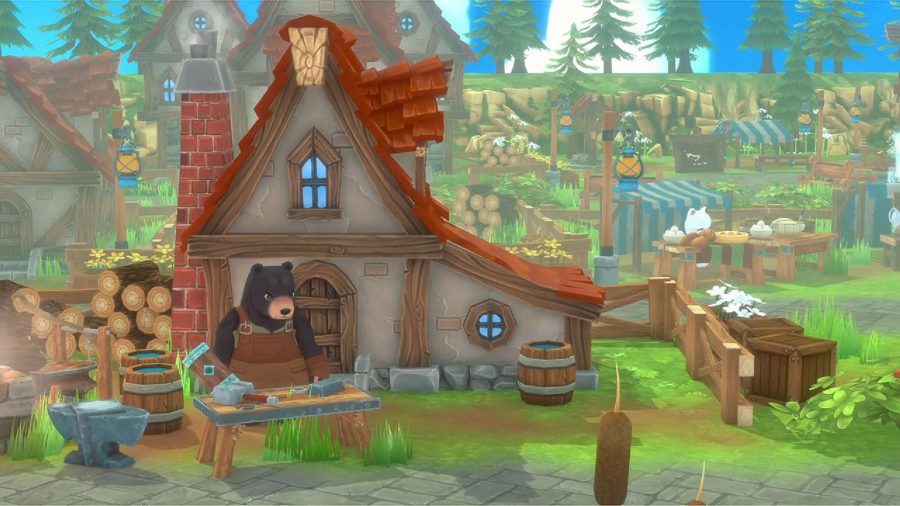 A tall bear is dressed like a blacksmith, stood in front of a cute cottage in a village