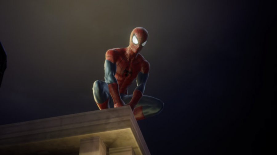 Spider-Man perched on the edge of a building