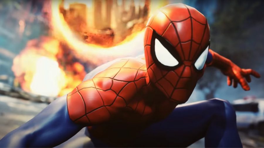 Close up of Spider-Man with an explosion behind him