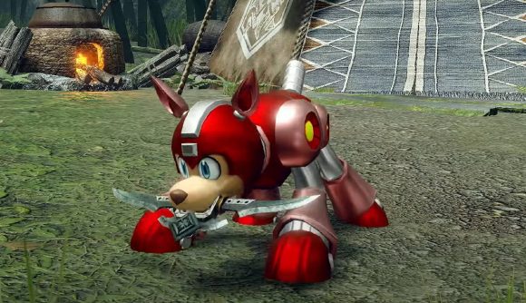 Rush from Mega Man 11 is shown as a layered armour for a palamute in Monster Hunter Rise, holding a knife in their mouth