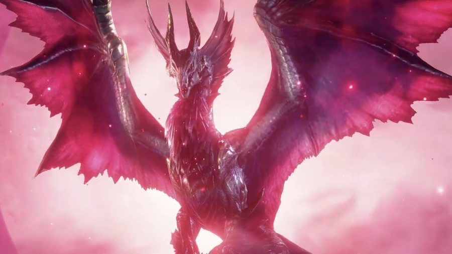 An imposing, gigantic monster spreads their wings against a dark purple and red background. They have horns and frills, almost resembling a vampire