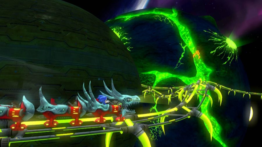 Sonic sits in a rollercoaster resembling a dragon, while the track leads further into space