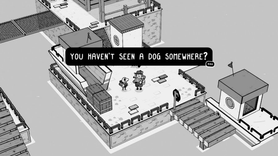 A character asks "You haven't seen a dog somewhere?" in an area surrounded by water
