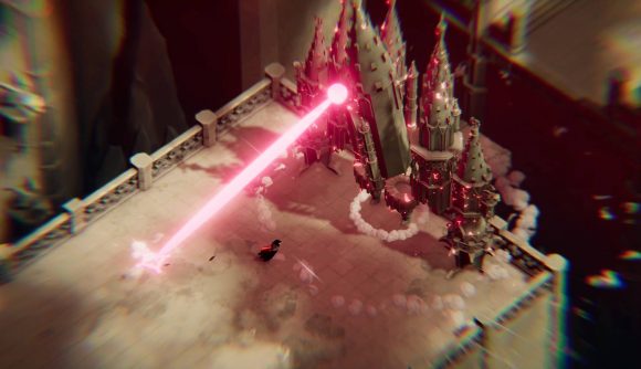 An enemy that resembles a giant castle shoots a purple laser at a crow wielding a sword