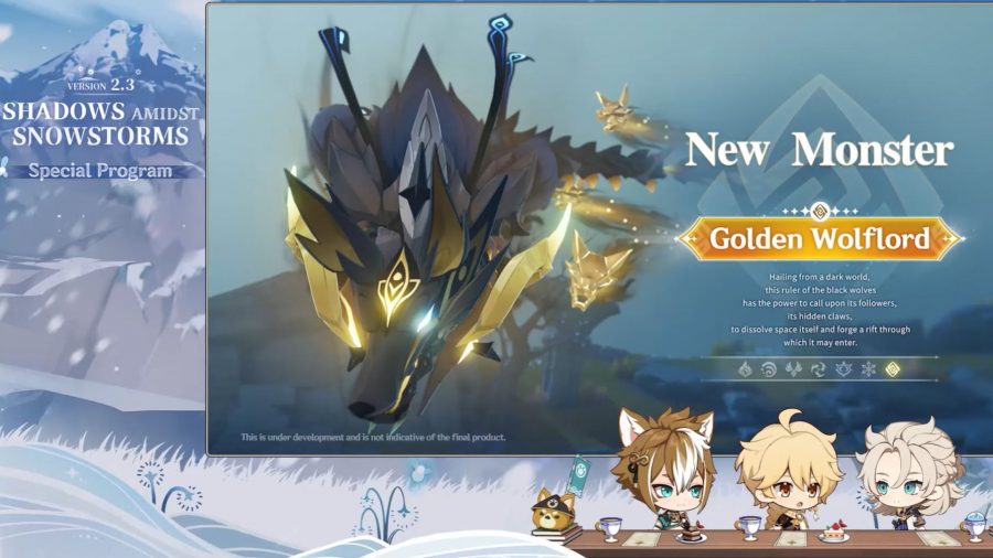 Genshin Impact 2.3 update; screenshot of the stream showing the Golden Wolf boss
