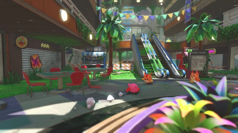 Kirby running through an abandoned mall 