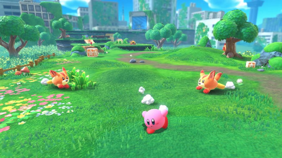 Kirby running away from some cute foes