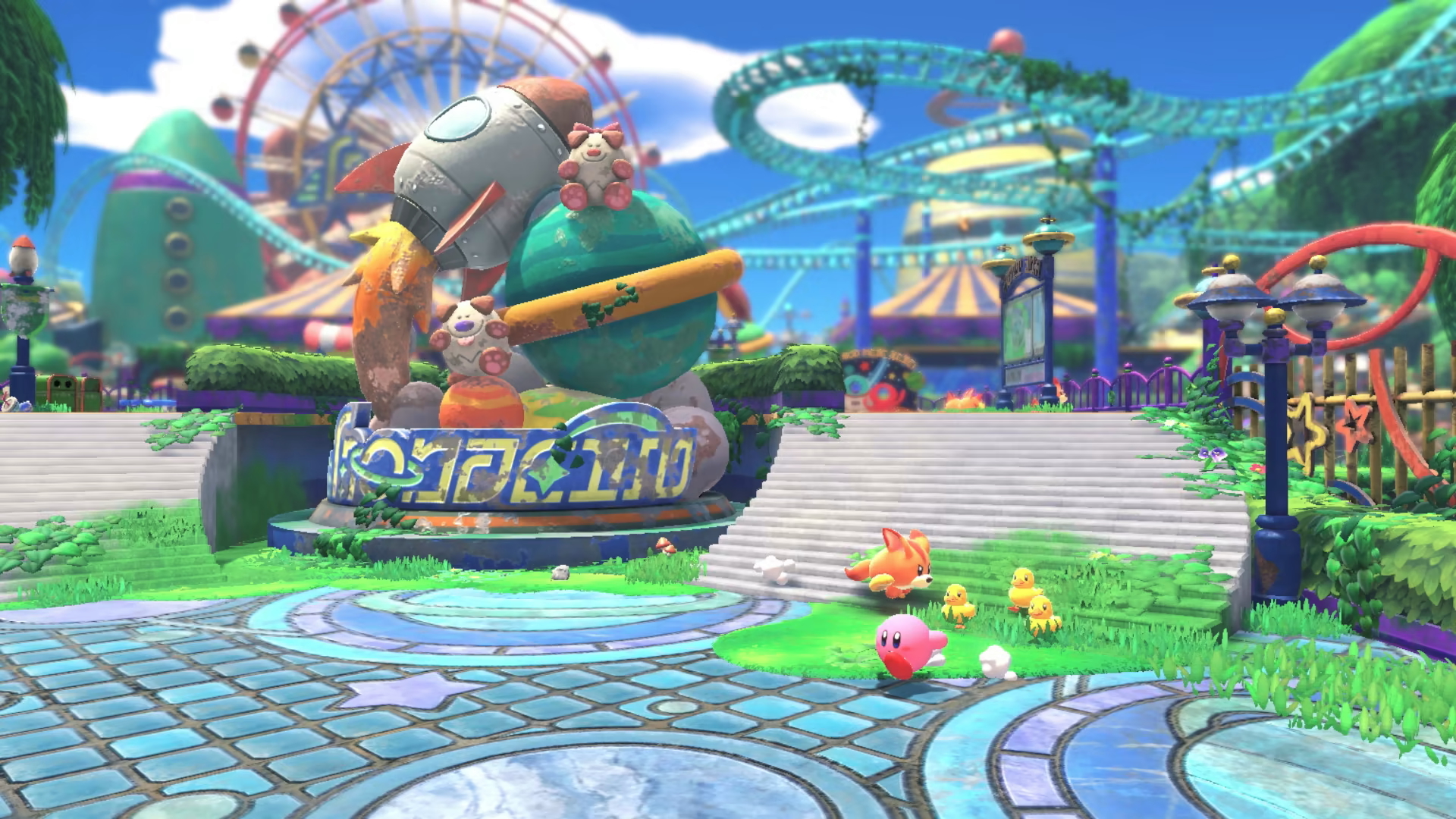 Kirby and some ducks running around the abandoned Wondaria theme park.