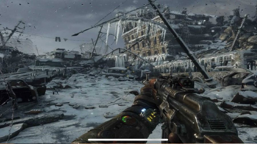 A FPS view shoes a man holding a gun, looking out over a barren, frozen city with the remains of a civilisation in disarray 