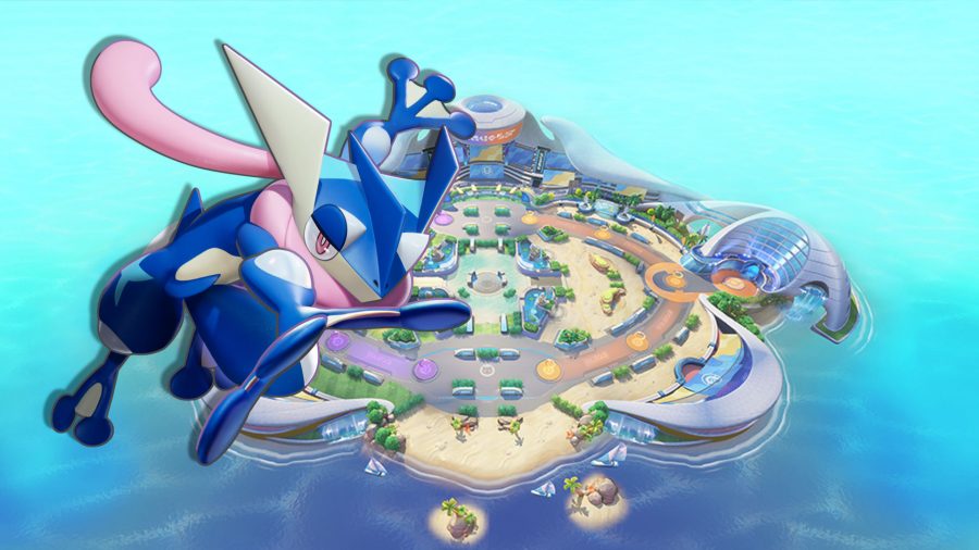Pokémon Unite Greninja in front of an arena