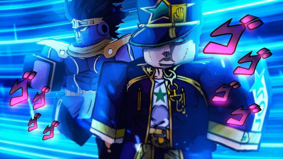 Project Star codes; Jotaro and his stand drawn as Roblox characters on a blue background