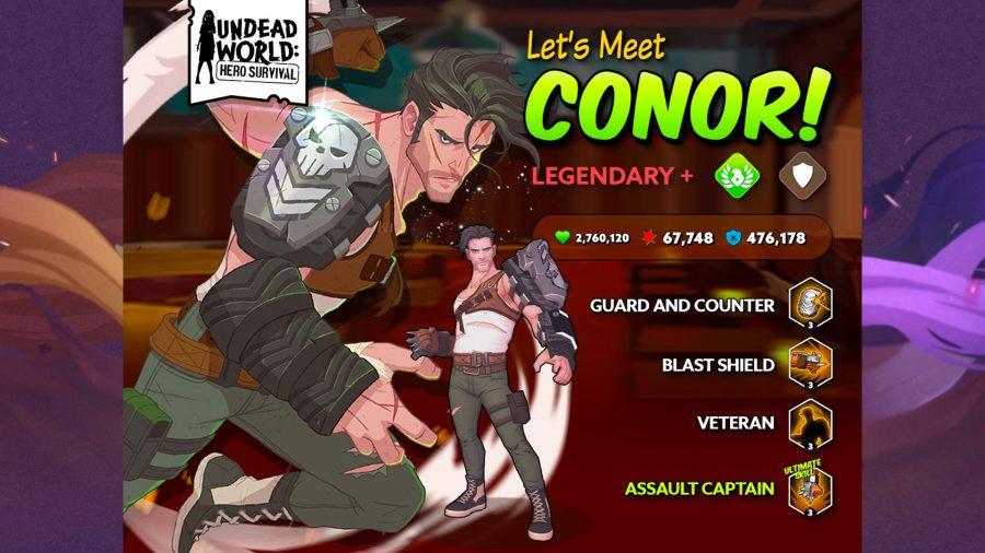 Undead World tier list Conor; text reads 'Let's meet Conor! Legendary+ guard and counter, blast shield, veteran, assault captain'