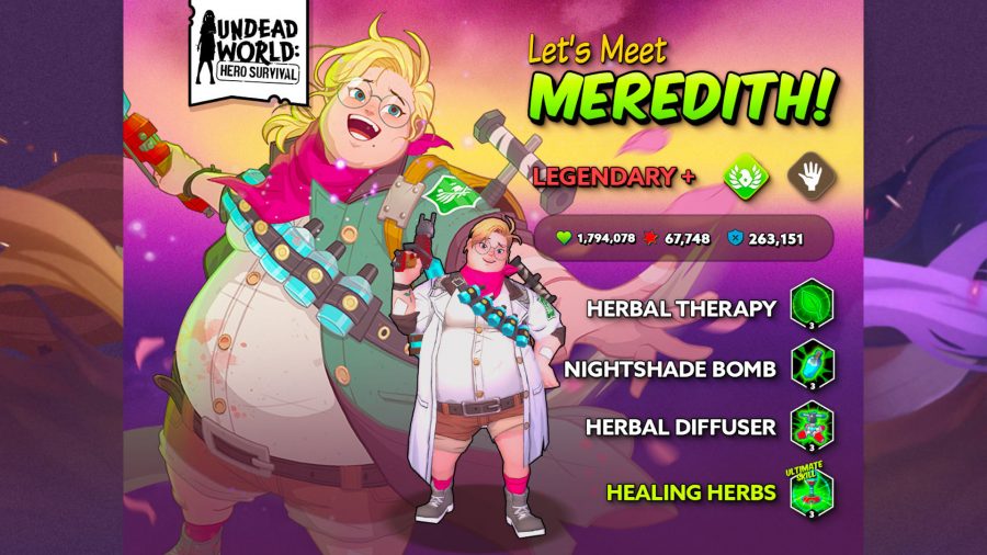 Undead World tier list Meredith; text reads 'Let's meet Meredith! Legendary + Herbal therapy, nightshade bomb, herbal diffuser, healing herbs'