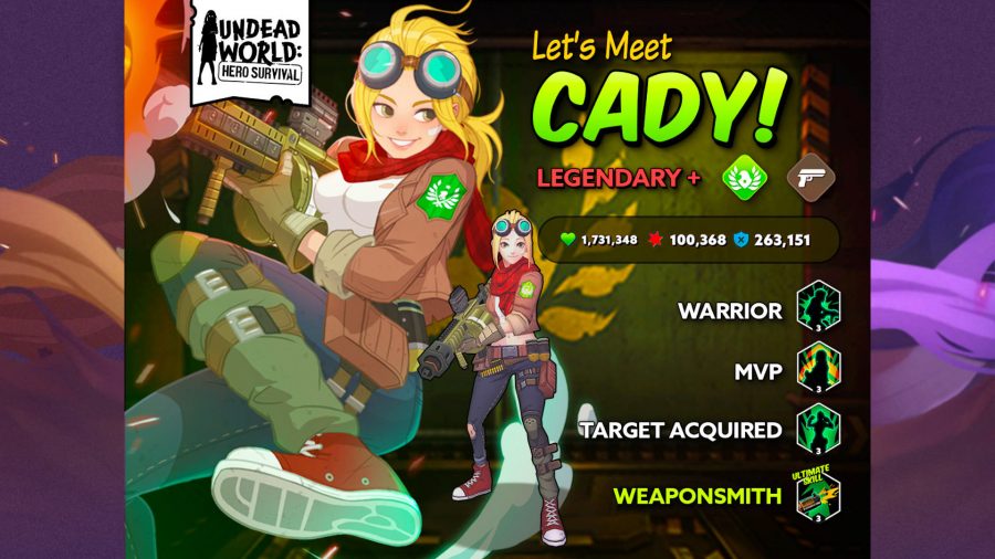 Undead World tier list Cady; text reads 'Let's meet Cady! Legendary+ Warrior, MVP, Target Acquired, Weaponsmith'