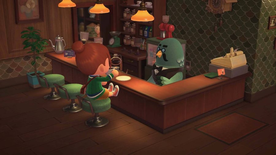 Brewster stands behind a counter, serving a character coffee
