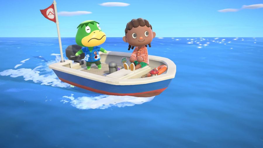 Kapp'n and a villager ride in a boat