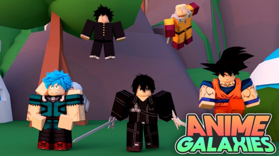Five anime characters standing next to the Anime Galaxies logo