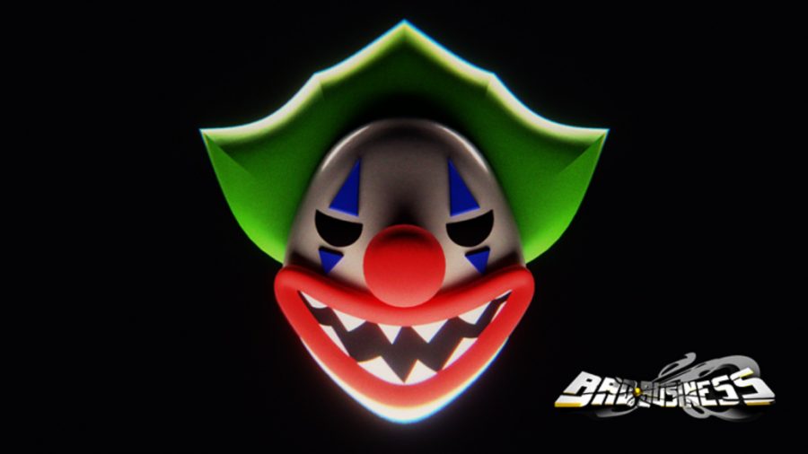 A spooky clown face next to the Bad Business logo