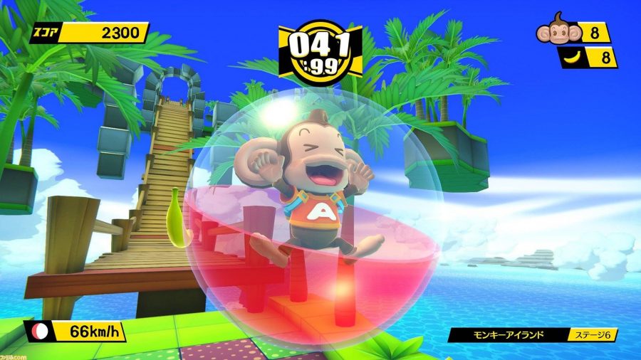 A happy looking monkey is in a giant plastic ball, jumping in the air in celebration. 