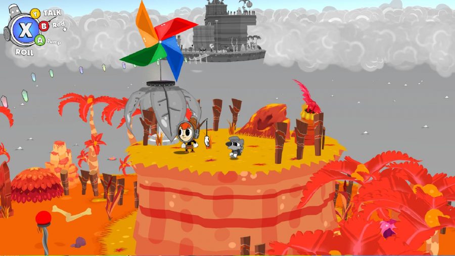 a hand drawn cartoon protagonist is standing in an orange, arid looking level. The background is completely devoid of colour, with landmarks appearing in black and white