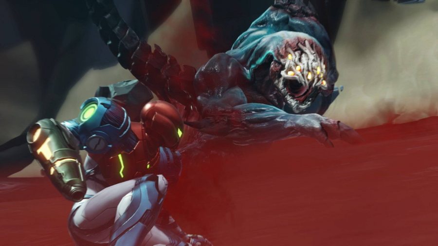 Samus from Metroid Dread is kneeling, poised and ready to attack a large monster. The blue and red monster has large fangs, and a scorpion-like tail