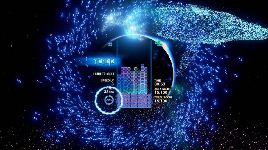 A game of Tetris is being played against a dark, moody background with flashes of neon blue. The lights are swirling around the area of play, creating the image of a blue whale 