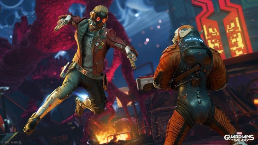 Star-Lord from Guardians of the Galaxy is leaping through the air, with a gun in his hand. He appears to be preparing to attack an opposing enemy 