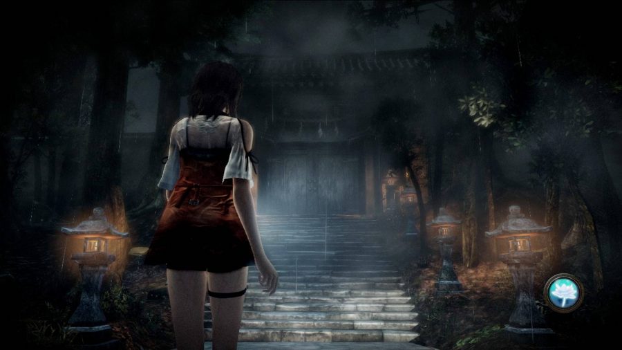 A young-looking female protagonist approaches a large, spooky house. There is fog surrounding the property and it's night time, giving off a very scary feel