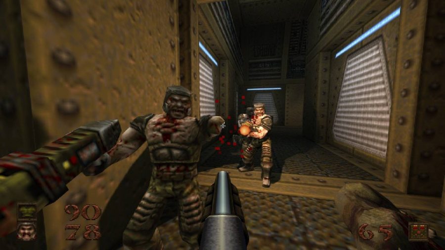 A retro-looking scene shows a dark, brown room filled with pixelated enemies on a 3D plane. The player points a shotgun forward