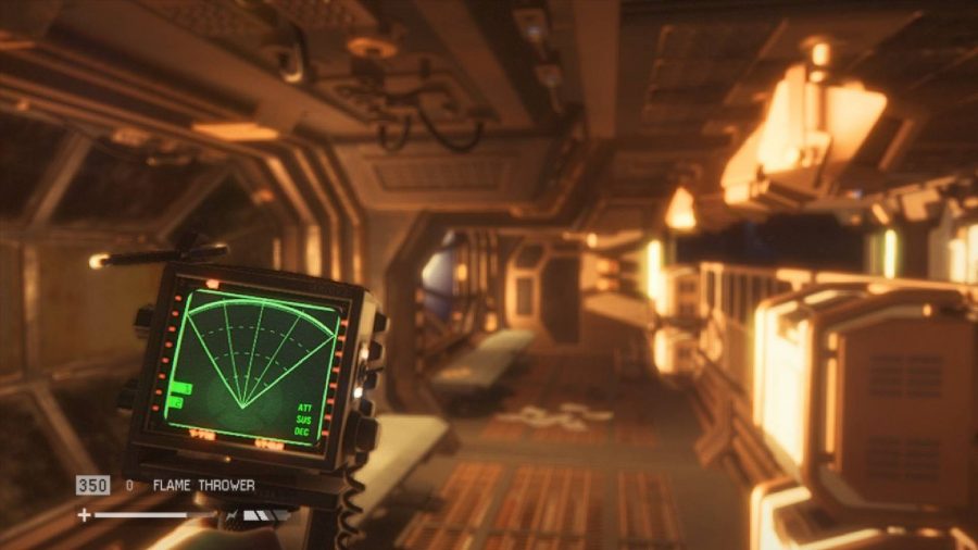 A player looks head down the corridor of a space station, holding a radar in their left hand 