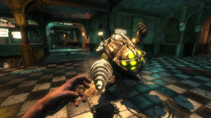 A player approaches a large robotic looking enemy in a dark hallway