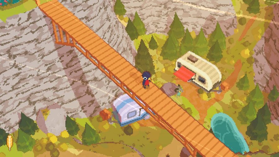 A pixelates scene shows a small penguio crossing a bridge in a sunlit area with trees visible in the background