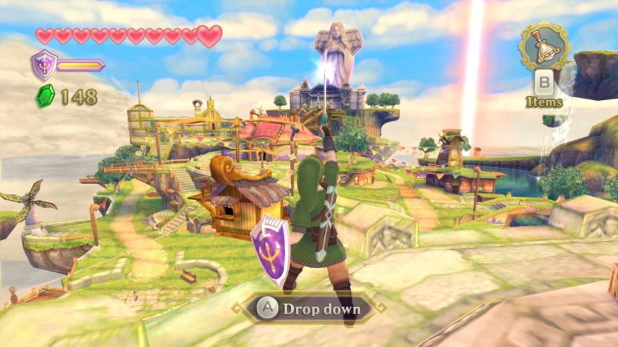 Link holds his sword up to the sky, while looking over the village of Skyloft